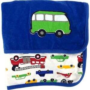 H&M Baby Blanket Blue Green Bus Car Truck Firetruck Vehicles Soft 28x28 Security